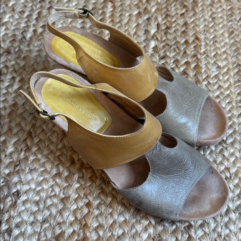 Chocolat Blu 8.5 Grey Yellow Color Block Wood Sandals Heels Samba 8.5 - Picture 3 of 7